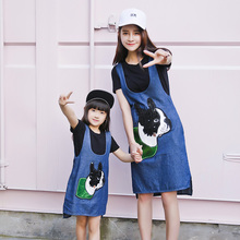 2016 denim dress mother daughter dresses family look black t-shirt women long dress dog pattern blue jean casual loose dress