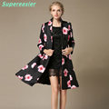 2016 Slim Retro Flower Printing Women Coat Suit Collar Swing Skirt Ladies Coat Summer Spring Long