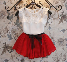 2016 Summer girl sets Children Clothing Girls 2pcs Set Kid Sleeveless Lace T Shirt Tops Bow Pleated Skirt Kids Girls Outfits
