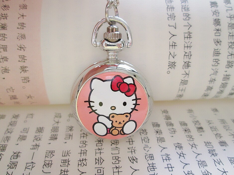 New Hello Kitty Cartoon Children Pocket Watch Fashion delicate Pendants Girl necklace Pocket Watch Quartz necklace