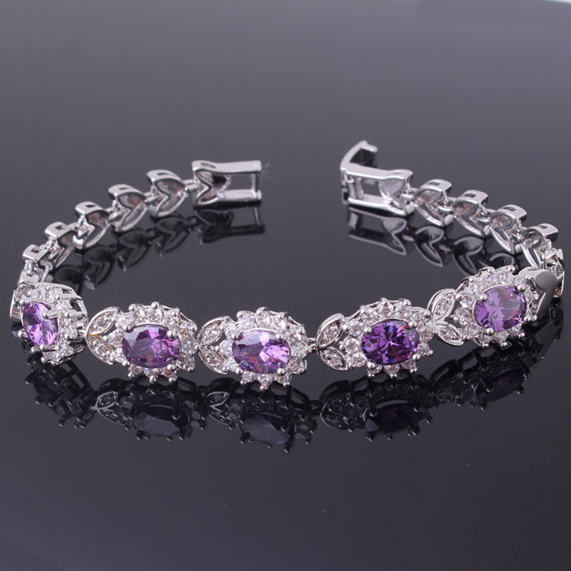 Promising Jewelry Gift 18k White Gold Plated Romantic Bangle Purple Crystal Cubic Zirconia Bracelet Free Shipping L113c