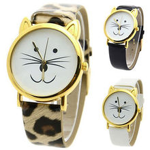 Lovely Elegant Girls Cat Face Style Dial Gold Rim Beard Alloy Faux Leather Watch