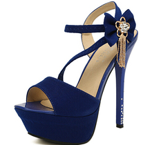 High-heeled Sandals Sexy Women’s Platform Thin Heels Shoes 2015 Blue Bow Open Toe Single Shoes Crystal sandals Hight 14.5cm