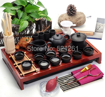 31pcs set Yixing Ceramic Kung Fu Tea Set Solid Wood Tea Tray Teapot purple clay Tea