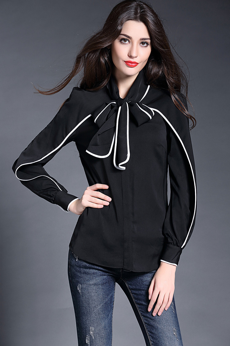 The new boutique brand bowknot silk shirts Europe and the United States into color long sleeve blouses coat1526263144