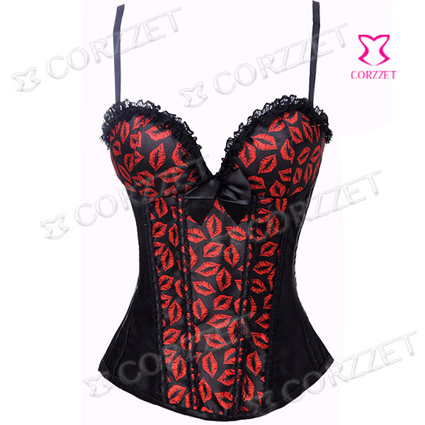 Black And Red Satin Lips Printed Corset Bustier With Straps Bra Cup Push Up Corsets For Women 1752