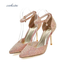 With metal Cloth Rhinestone Wedding Pumps Gladiator Buckle Strap Shallow mouth Fashion sexy Woman Shoes Black Pink Green 9 CM