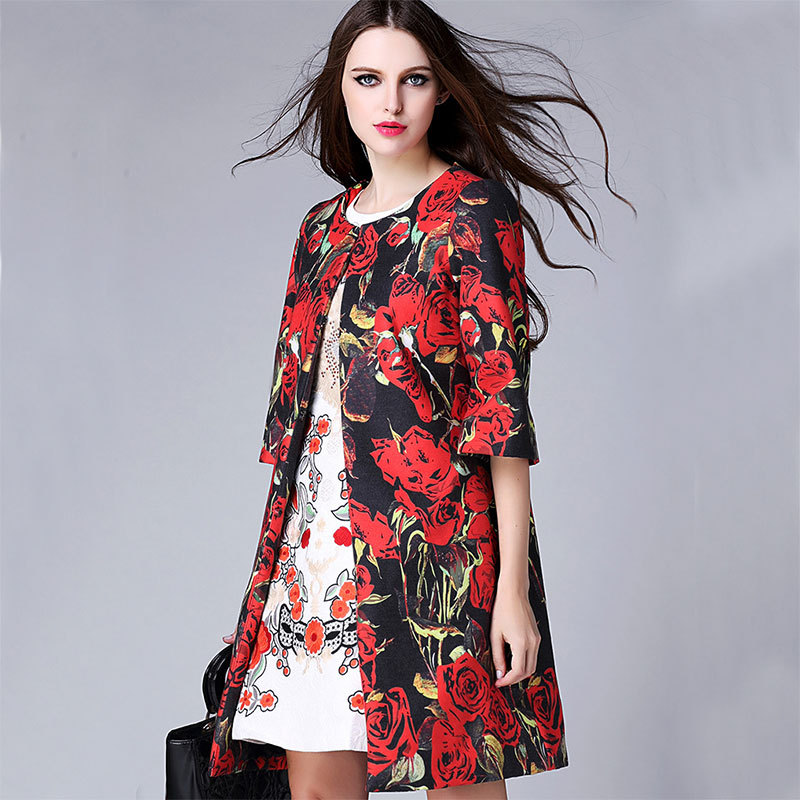 Elegant Coat  2015 New Autumn - Winter Runway Coat Half Sleeve Red Rose Print Famous Brand Coat Woolen coat