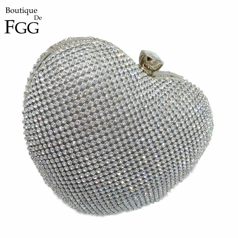 Dazzling Women Silver Heart Evening Shoulder Bags Crystal Box Clutch Purses and Handbags Bridal Wedding Party