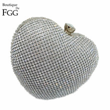 Dazzling Women Silver Heart Evening Shoulder Bags Crystal Box Clutch Purses and Handbags Bridal Wedding Party Metal Clutches