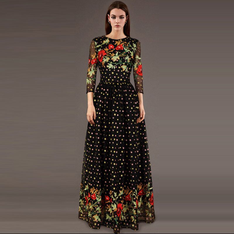 Elegant Dress 2015 Fashion Autumn Brand Dress Half Sleeve Vintage Embroidery Dot Mesh Long Ball Gown Dress