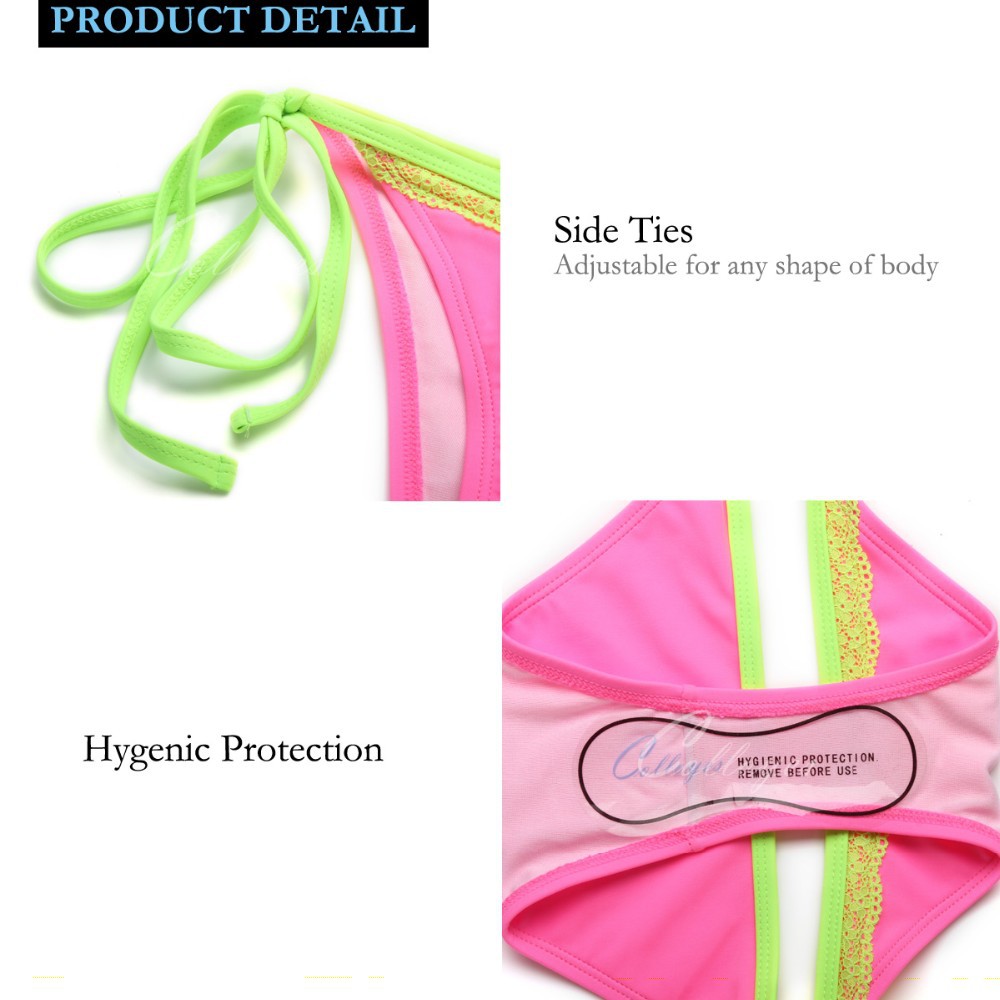 CA151002-104 Colloyes Ladies Newest Sexy Pink + Green Lace Triangle Top + Classic Cut Bottom Bikini Swimwear Lovely Candy Triangl Bikini Suit (8)