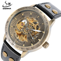 SHENHUA Vintage Men s Leather Watches Automatic Self Wind Retro Steampunk wrist watches for Men Mechanical