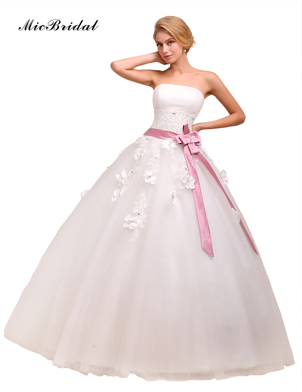 White Ivory Wedding Dress Strapless Maternity Wedding Dresses Cheap Bridal Gowns Wih Pink Sash RQW 7