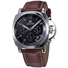 2015 MEGIR Genuine Leather Luxury Men Watches Chronograph 6 Hands 24 Hours Function Top Brand Military