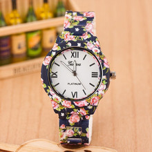 Geneva Casual Watch Women Dress Watches Female Pink Rose Flower Print Silicone Watch Plastic Quartz Clock Saat Wholesale Relojes