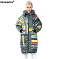2016 Winter Jacket Women Knee Long Loose Cotton Down Coat Thick Painting Pattern Hooded Padded Jacket