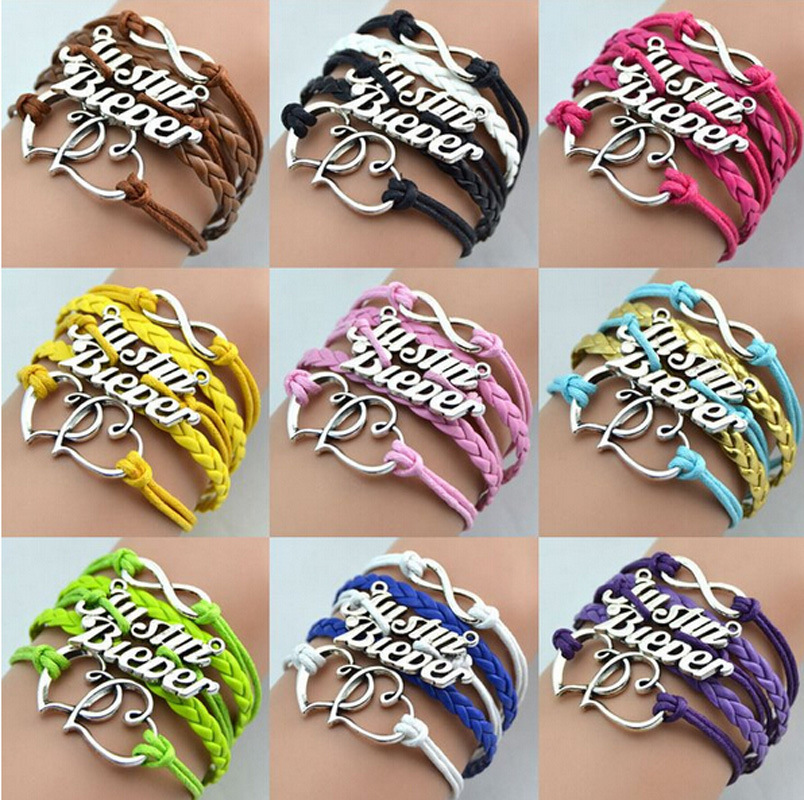 Promotion Jewelry Justin Bieber Fashion Multicolor Multi layer Double Heart Leather Charm Bracelets For Women and