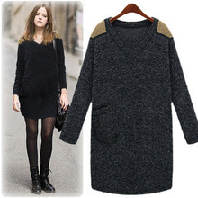 Fashion Plus size L to XXXL European Spring long-sleeved women Wool V-neck dress lady clothing 8516#