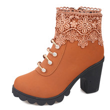 Elegant lace women shoes fine matte brown / black square heel autumn winter warm women boots size 35-40 Motorcycle Boots shoes