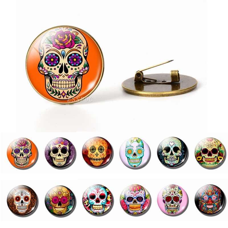 Tie pin Day Of The Dead Sugar Skull Glass Cabochon Pin Badges Halloween Lapel Badge Hat Pin