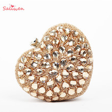 2015 Women Begs Heart Shape Handmade Gold Beaded Evening Bags Wedding Clutch Bag Prom Hangbags Wedding Purse bolsa franja L068