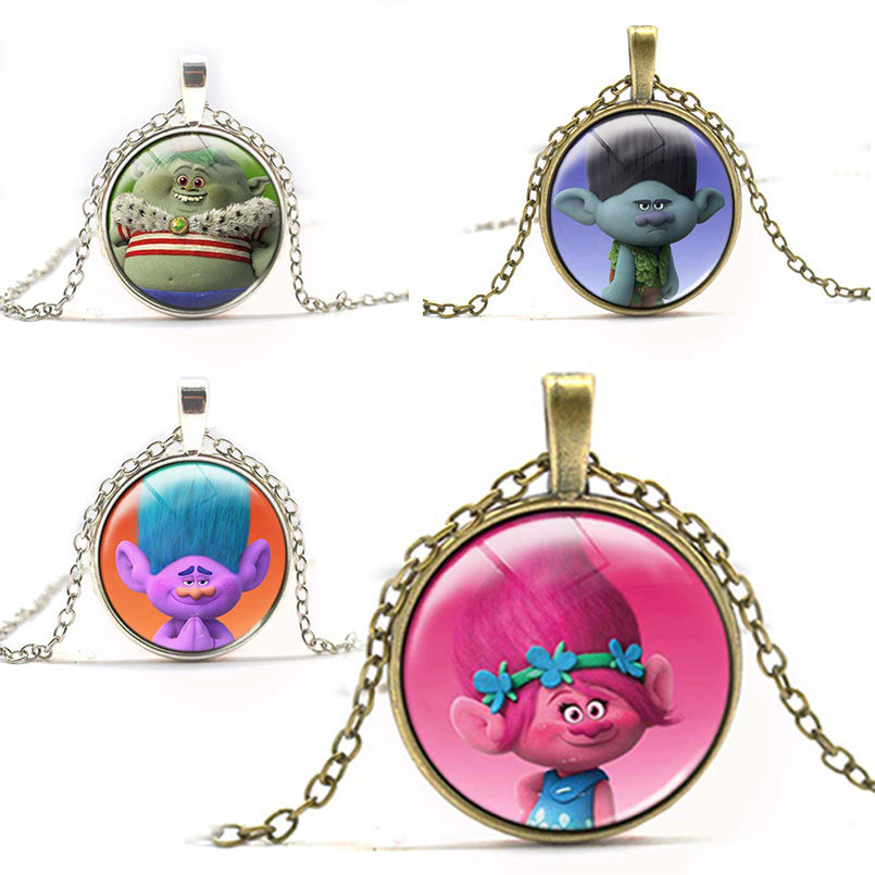 60CM Trolls Poppy Branch Pendent Set Dreamworks Movie Action Figures Toys Chain Necklace with 2.8CM Glass Toy for Girls Gift