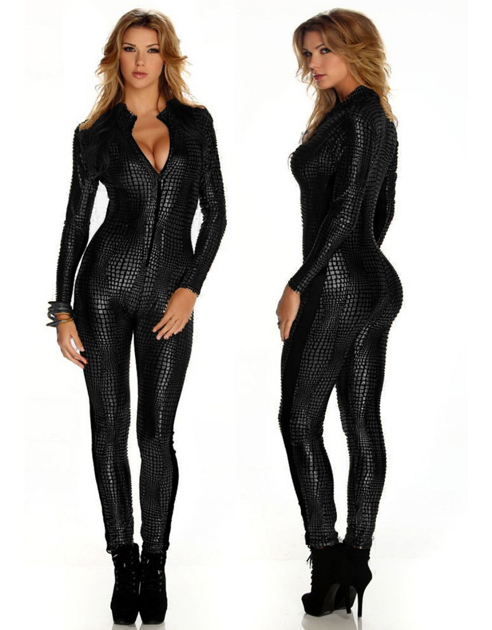 womens black leather jumpsuit