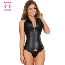 Black Sexy Faux Leather Corsets And Bustiers Steel Boned Corset Steampunk Corselet Overbust Halter-neck Gothic Corpete With Zip