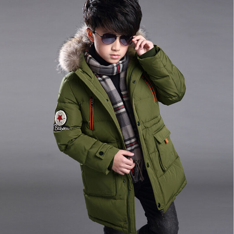 Classic Kids Boy Parka Cotton-padded Jacket Warm Overcoat Long Children Boys Coats Hooded Fur Collar Winter Outerwear For 5-14 T