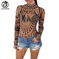 YEJIA FASHION Sexy Elegant Women Totem Printed Short Jumpsuits Romper Long Sleeve Slim Perspective Bodysuit Overalls