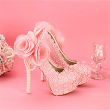 New beautiful pink pearls wedding Shoes round toe lace flowers High Heels elegant rhinestone Bridal dress Shoes prom pumps