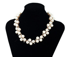 2015 New Charming Women s Fashion Shiny Alloy Golden Rhinestone Faux Pearl Beads Necklace Jewelry For