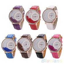 Women s Moveable Rhinestones Quicksand Dial Faux Leather Band Quartz Wrist Watch 4KMZ