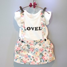 wholesale(5pcs/lot)- 2016 new summer white letter printed sleeveless T-shirt + flower shorts clothes set for child girl