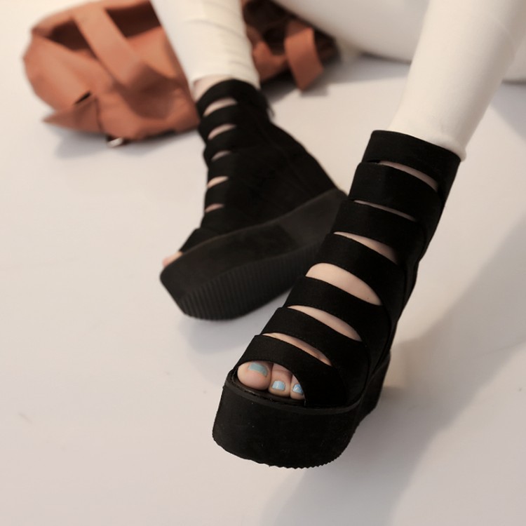 Fashion Womens Black Platform Wedges High Heel Peep Toe Summer Sandals Punk Goth Ankle Boots US
