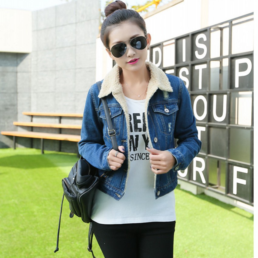 2015 Winter New Long sleeve Thicken Lamb stuffed Short denim jacket women fashion winter coat
