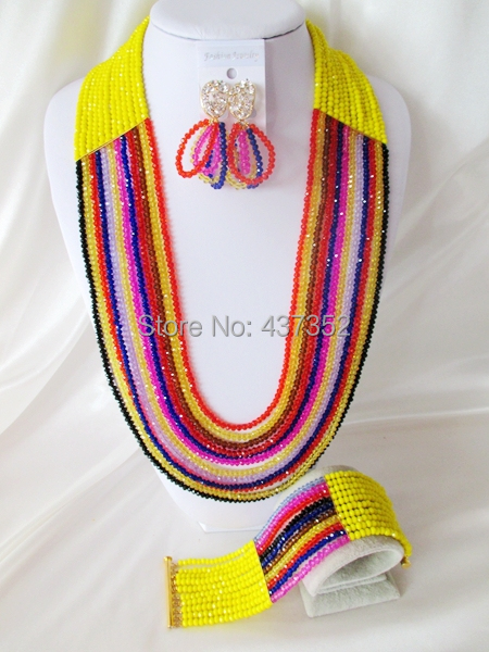 Charming 26'' Long Yellow and Mixed Strands 12 Layers Nigerian African Wedding Crystal Beads Jewelry Set Free Shipping CPS344