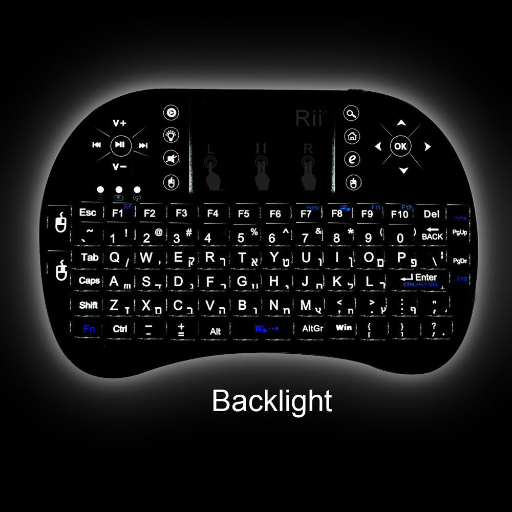 Israel Hebrew keyboard 2.4G Rii i8+ wireless mini keyboard Touch pad Backlit Combo for Tv box tablet mini pc ps3