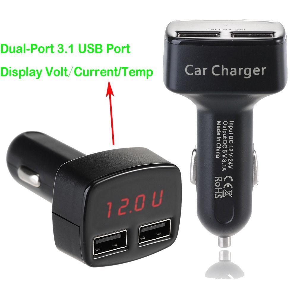 Portable Dual USB Port Car Charger w/ Display Voltage, Current and
