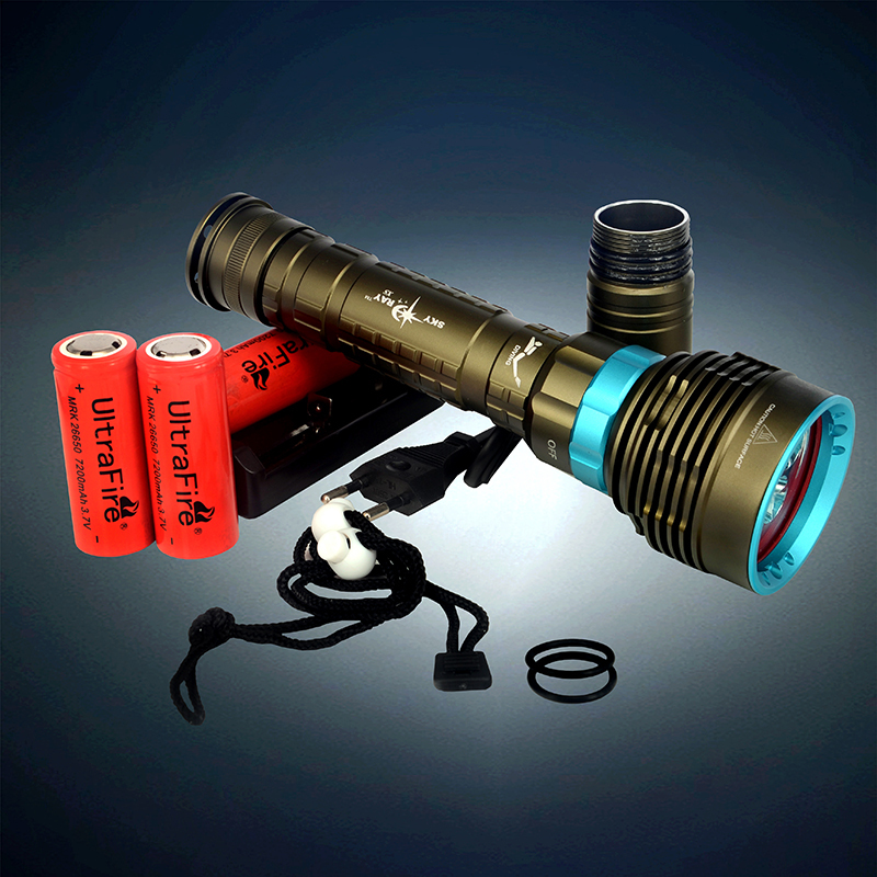 1pc CREE XM-L2 Led Diving Flashlight 9000LM Waterproof Magnetic Switch High Power Torch with 26650/18650+Charger