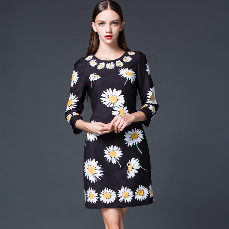 New arrival 2015 autumn winter brand fashion little daisy patterns print women dress 3/4 sleeve fit elegant black dresses