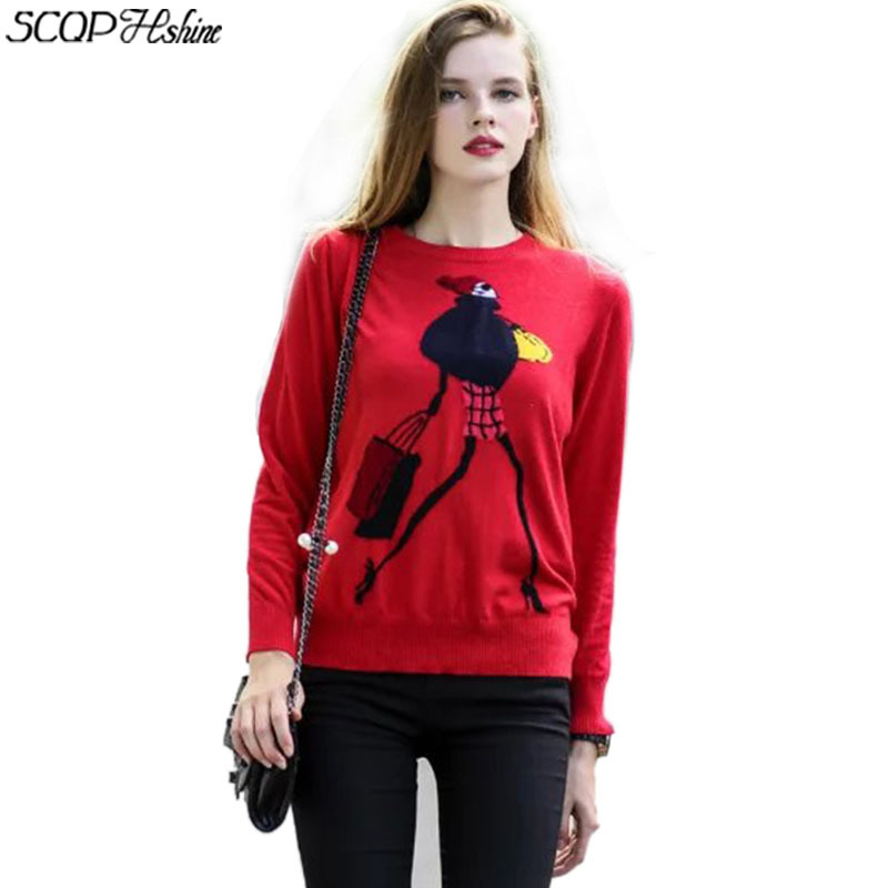2015 new character printed womens winter sweater long sleeve red office jerseys mujer de punto elegant black pullover clothing  