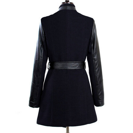 Europe Winter Coat Women 2015 Leather Sleeve Woolen Trench Coat Slim Veste Femme Black Casaco Feminino Fashion Female Overcoat (1)