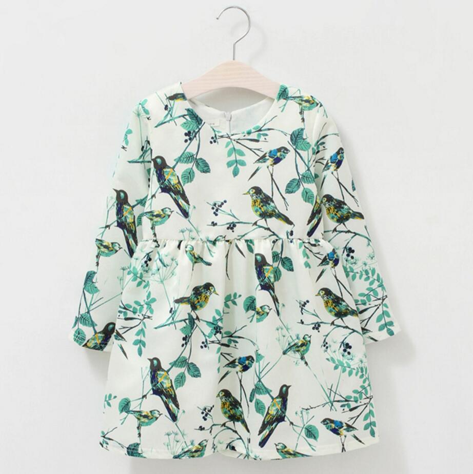 Spring Autumn new arrive models children dress tree branch and bird printing long sleeve kids dresses
