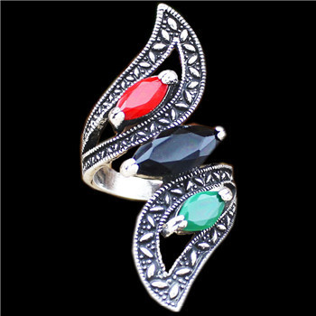 Fashion Jewelry Retro Craft Vintage Look Antique Silver Plated Cutting Sapphire Bead Flower Leaf Rings R099