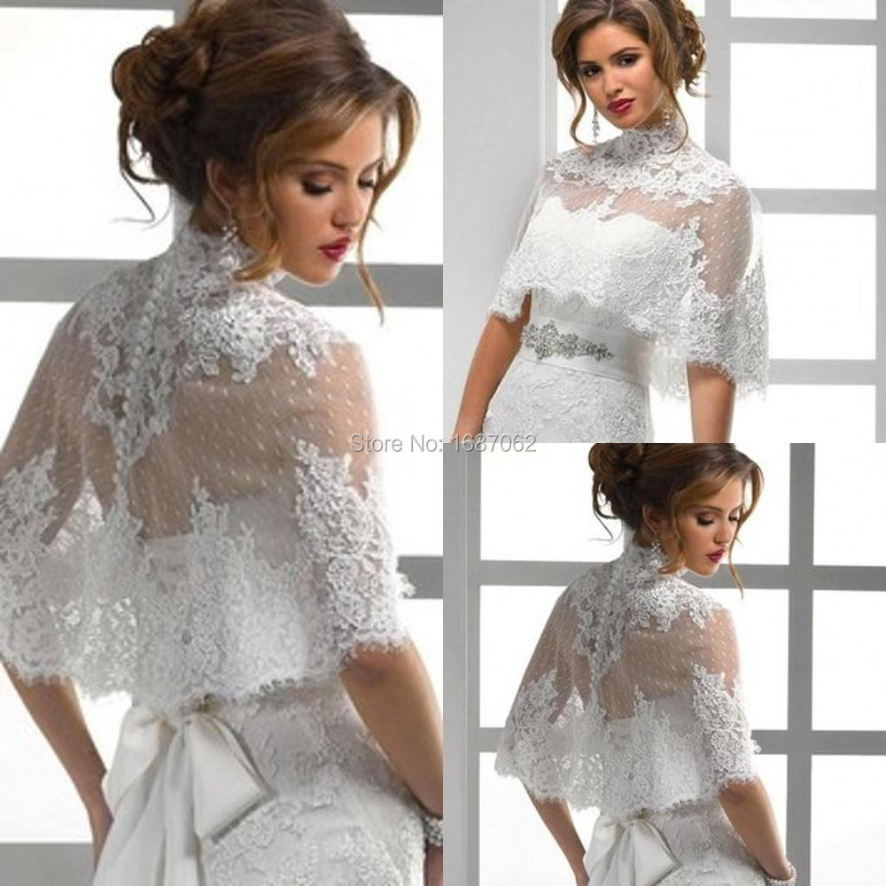 Elegant High Neck Wedding Accessories Bridal Jacket Bolero Lace Shawl Wraps Capes White Ivory 5313