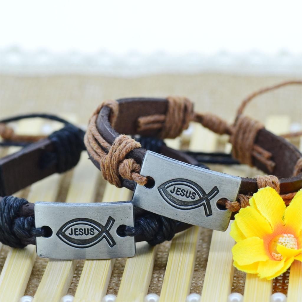 Wholesale 12pcs lot New Fashion Metal JESUS Fish Charms 4 Color tribe Genuine Leather bracelets Men