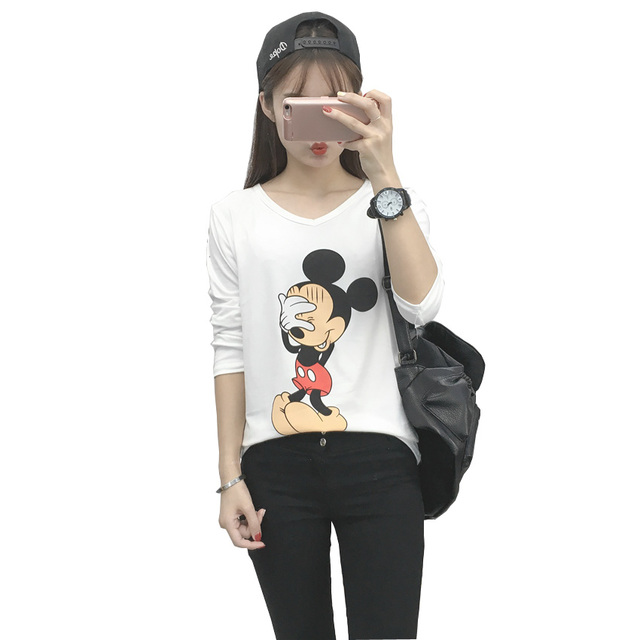Футболка Женщины Camiseta Femininas 2016 Новый Осень Harajuku Kawaii Мультфильм Микки Мило Футболка Femme Футболка Топ Ropa Mujer