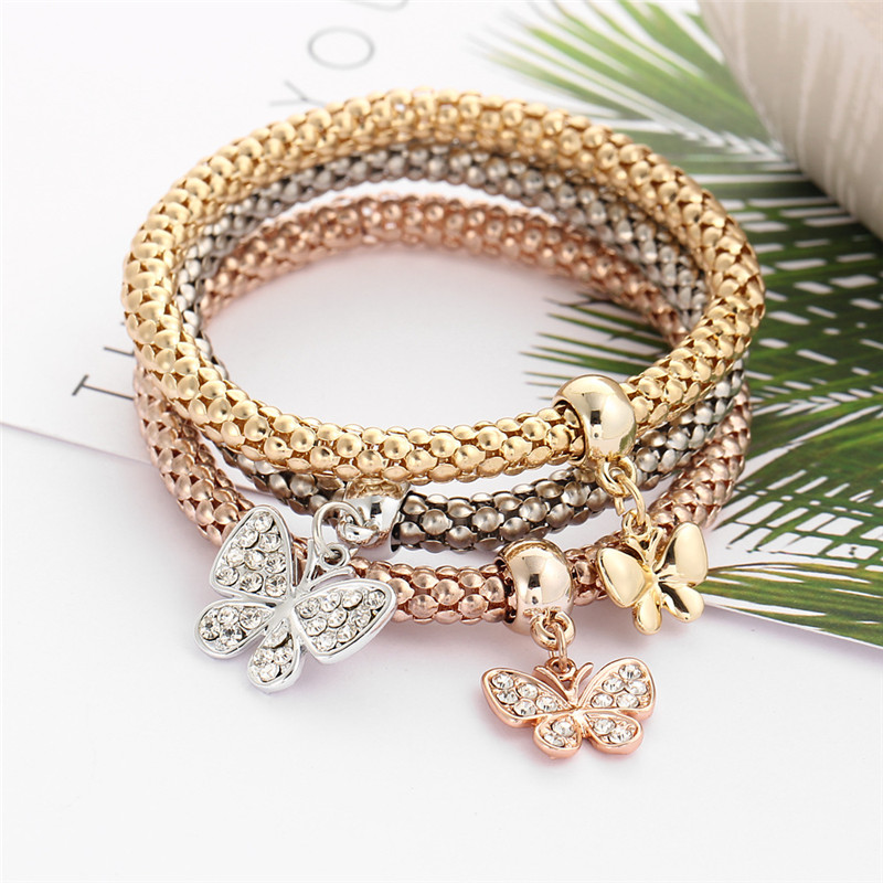 Korean Fashion Love Bracelet Three Layer Gold Charms Snap Jewelry Women
